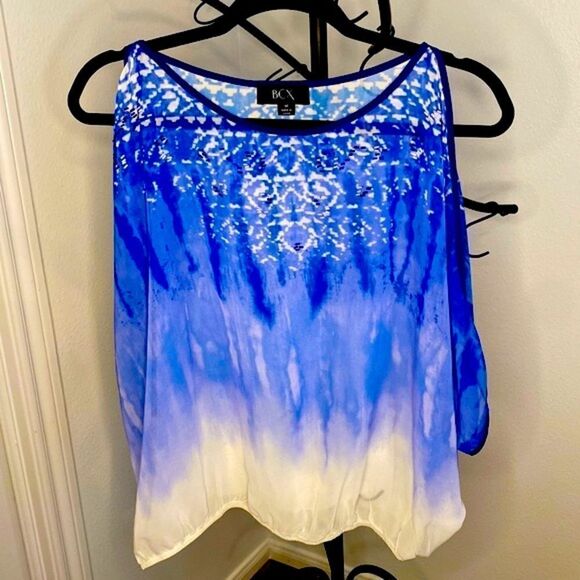 BCX Blue and White Ombré Beaded Cold Shoulder Top/Blouse - Picture 3 of 11